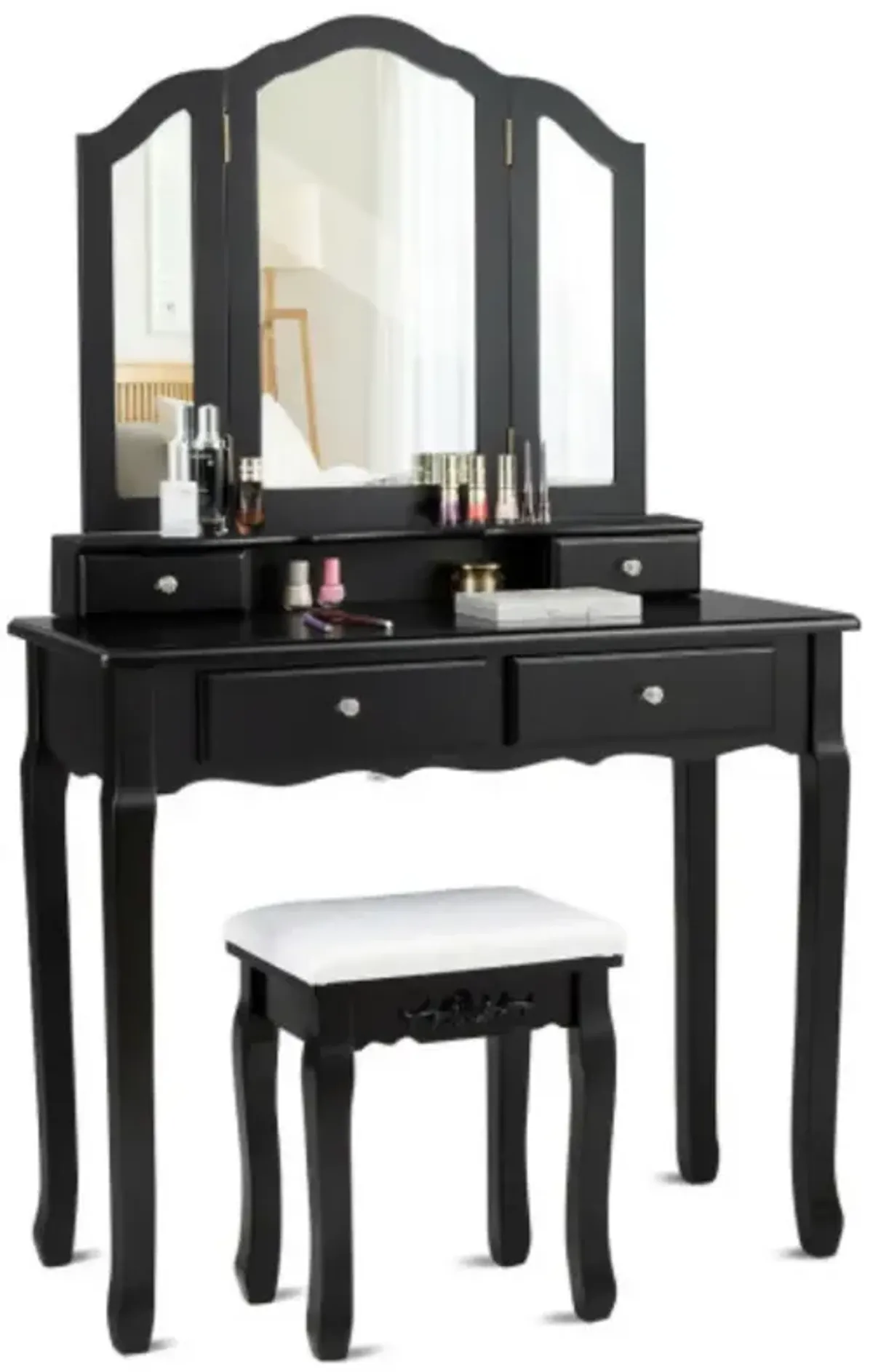 Tri Folding Mirror Vanity Table Stool Set with 4 Drawers and Cushioned Stool