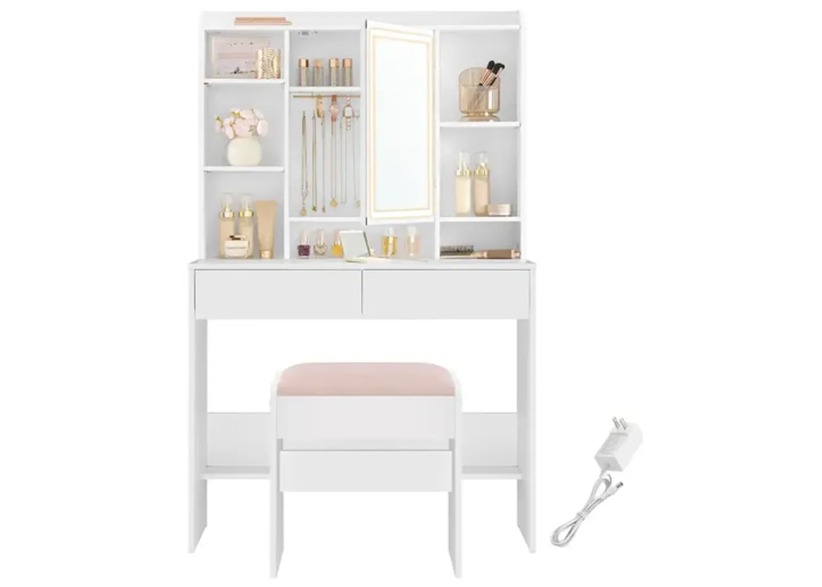 Vanity Desk with Mirror and Lights, Makeup Vanity with Upholstered Vanity Stool