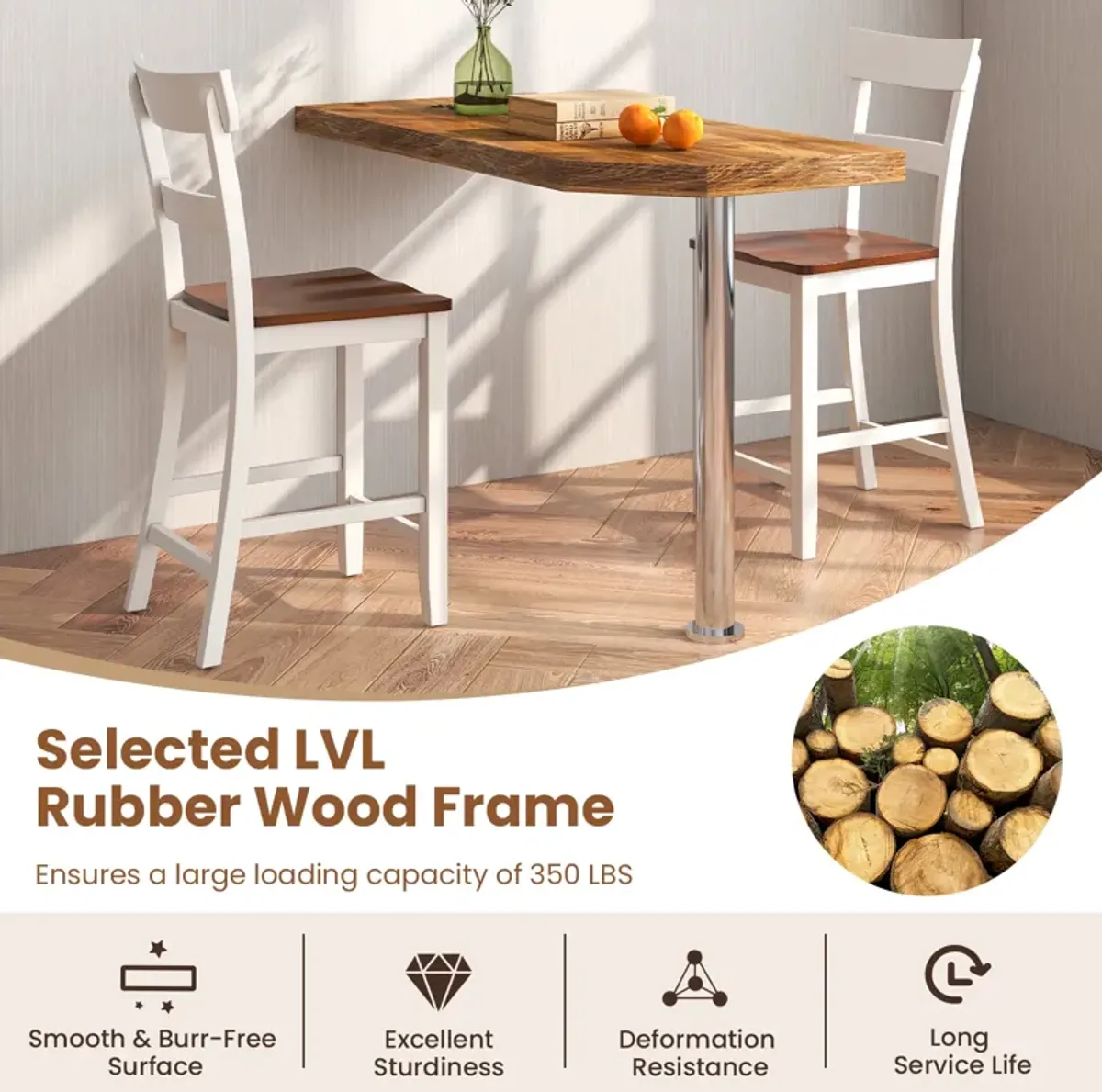 Farmhouse Dining Bar Stool Set of 2 with Solid Rubber Wood Frame