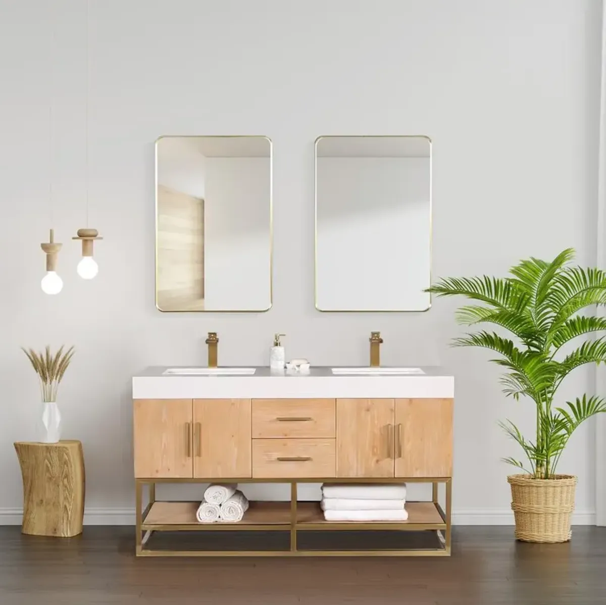 Altair 60 Double Bathroom Vanity in Light Brown awith Mirror