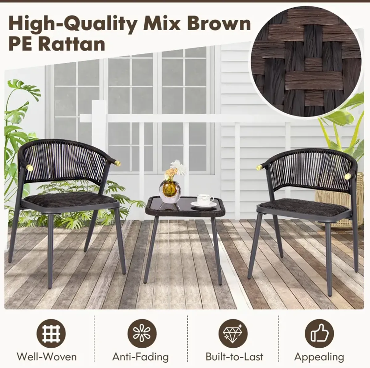 3-Piece Patio Rattan Furniture Set – Outdoor Lounge Chairs and Coffee Table for Backyard