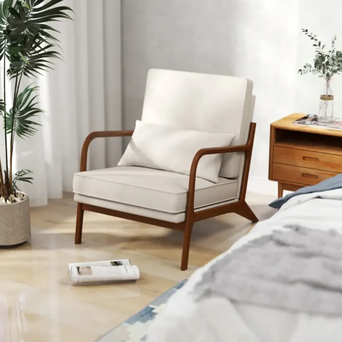 Modern Accent Chair with Rubber Wood Armrests and Removable Back