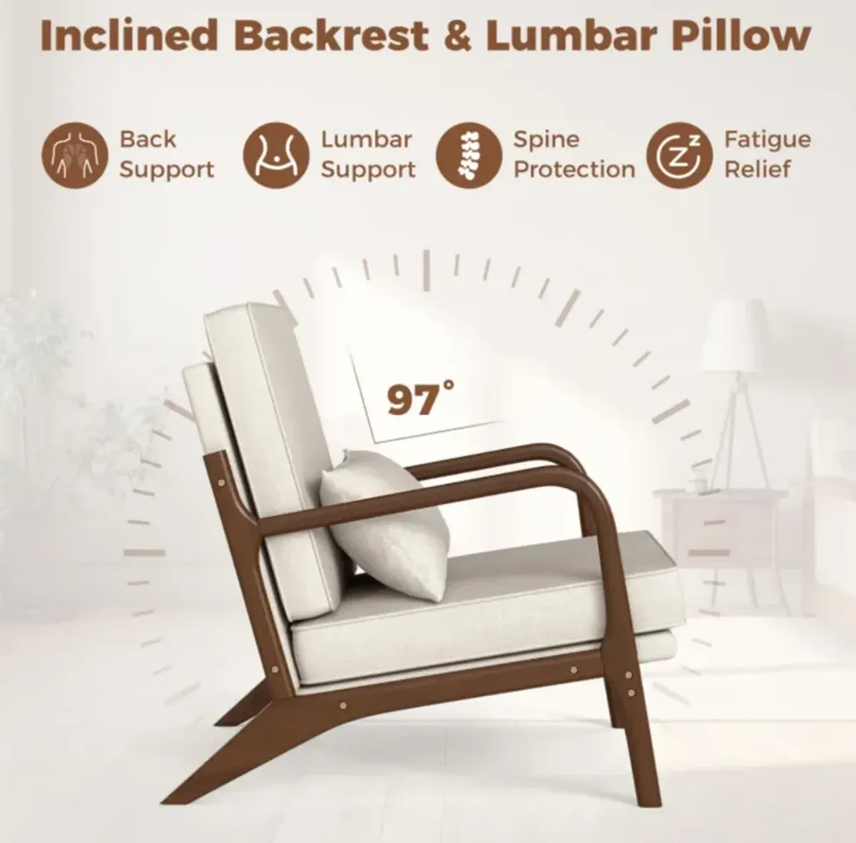 Modern Accent Chair with Rubber Wood Armrests and Removable Back