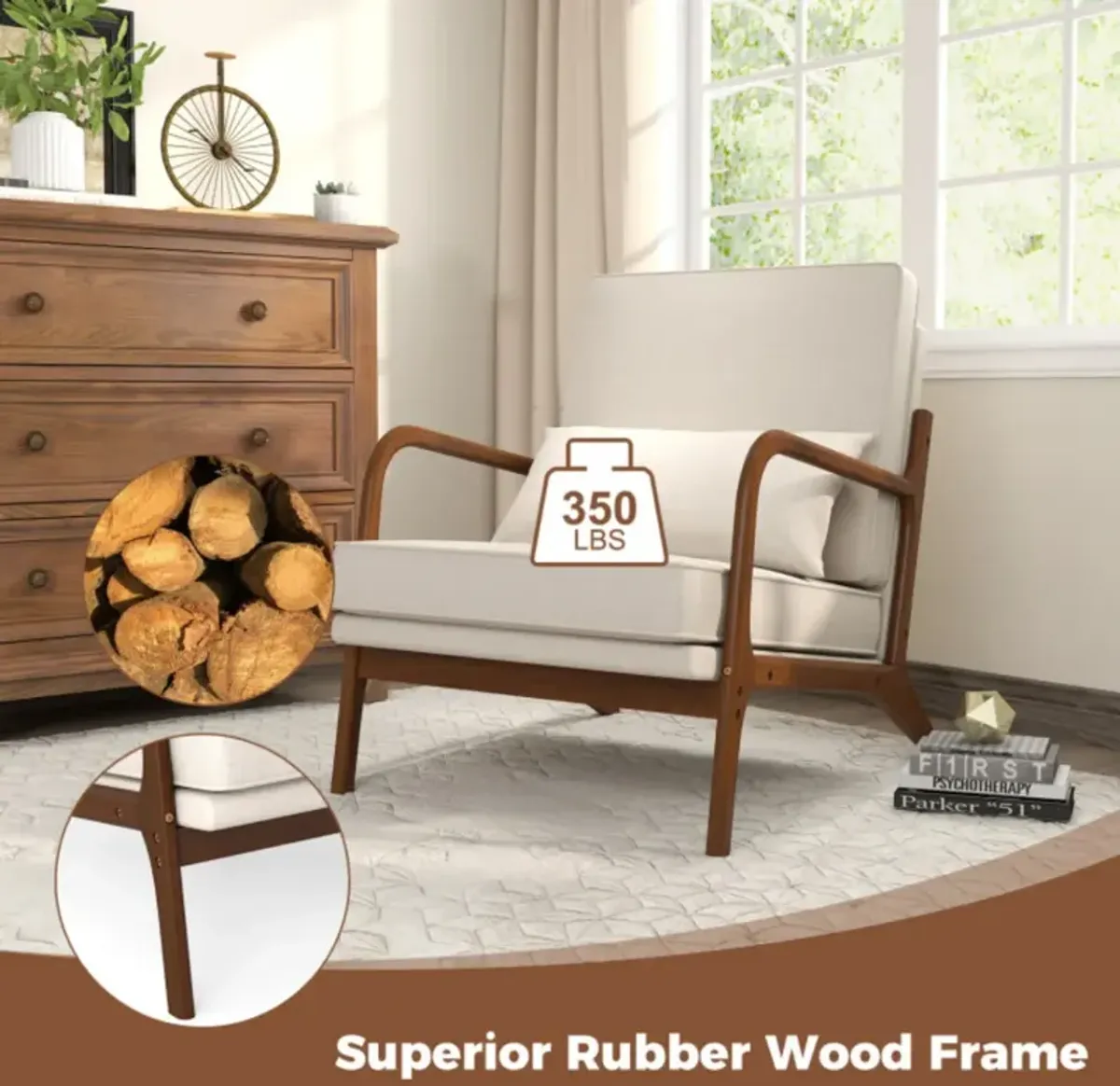 Modern Accent Chair with Rubber Wood Armrests and Removable Back