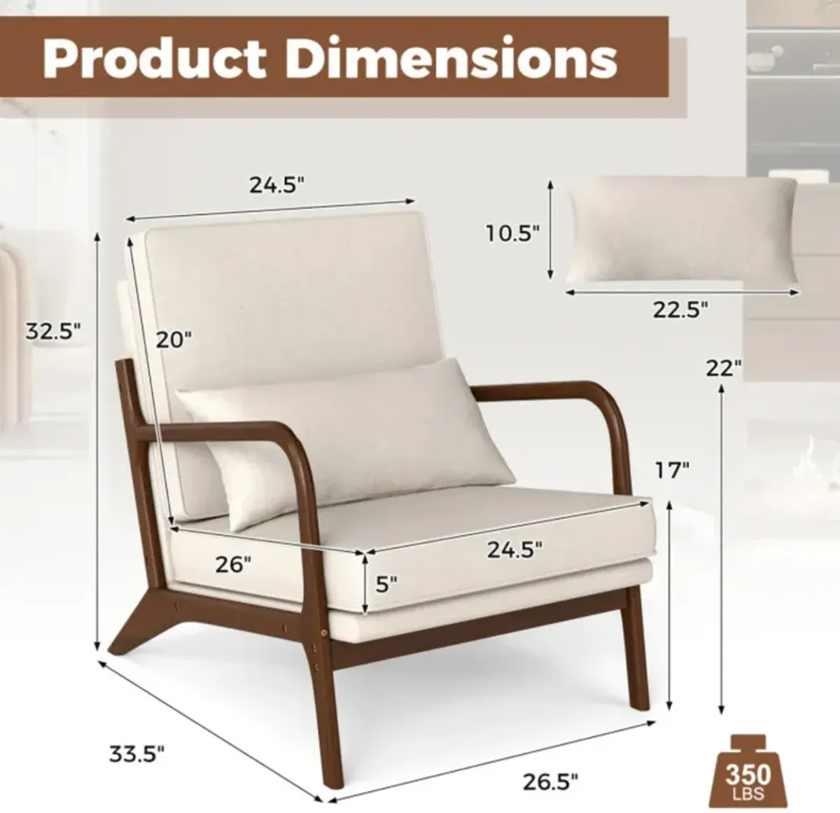 Modern Accent Chair with Rubber Wood Armrests and Removable Back