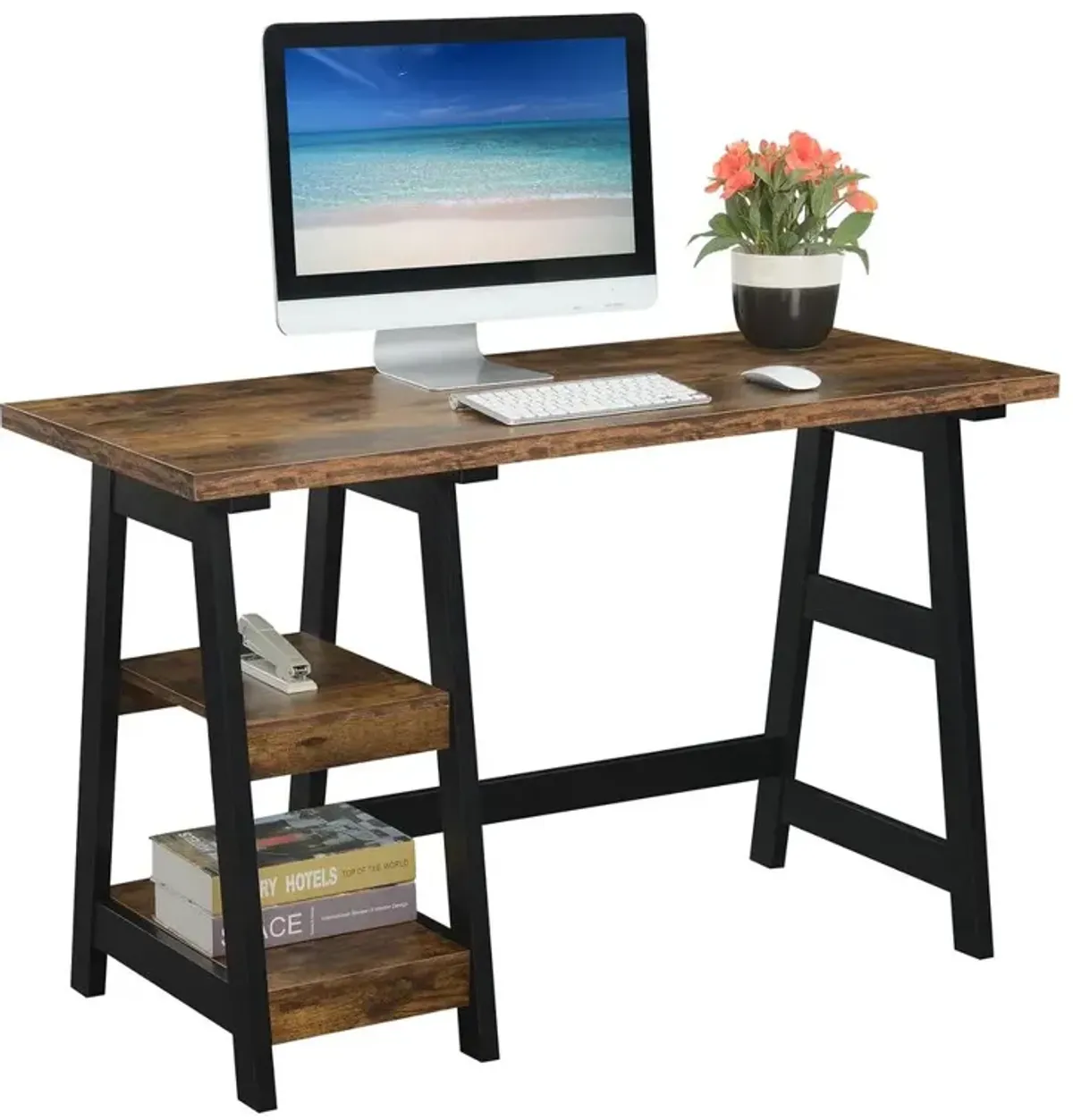 Convenience Concepts Designs2Go Trestle Desk with Shelves, Barnwood/Black