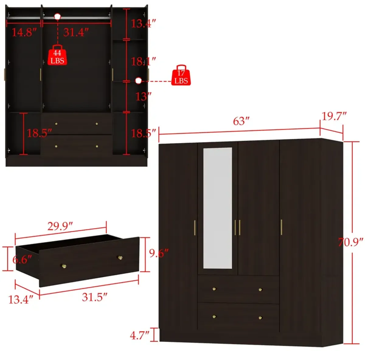 Brown Wood Grain 63 in. W 4-Door Big Armoires With Mirror, 2 Hanging Rods, 2 Drawers, Storage Shelves (70.9 in. H)