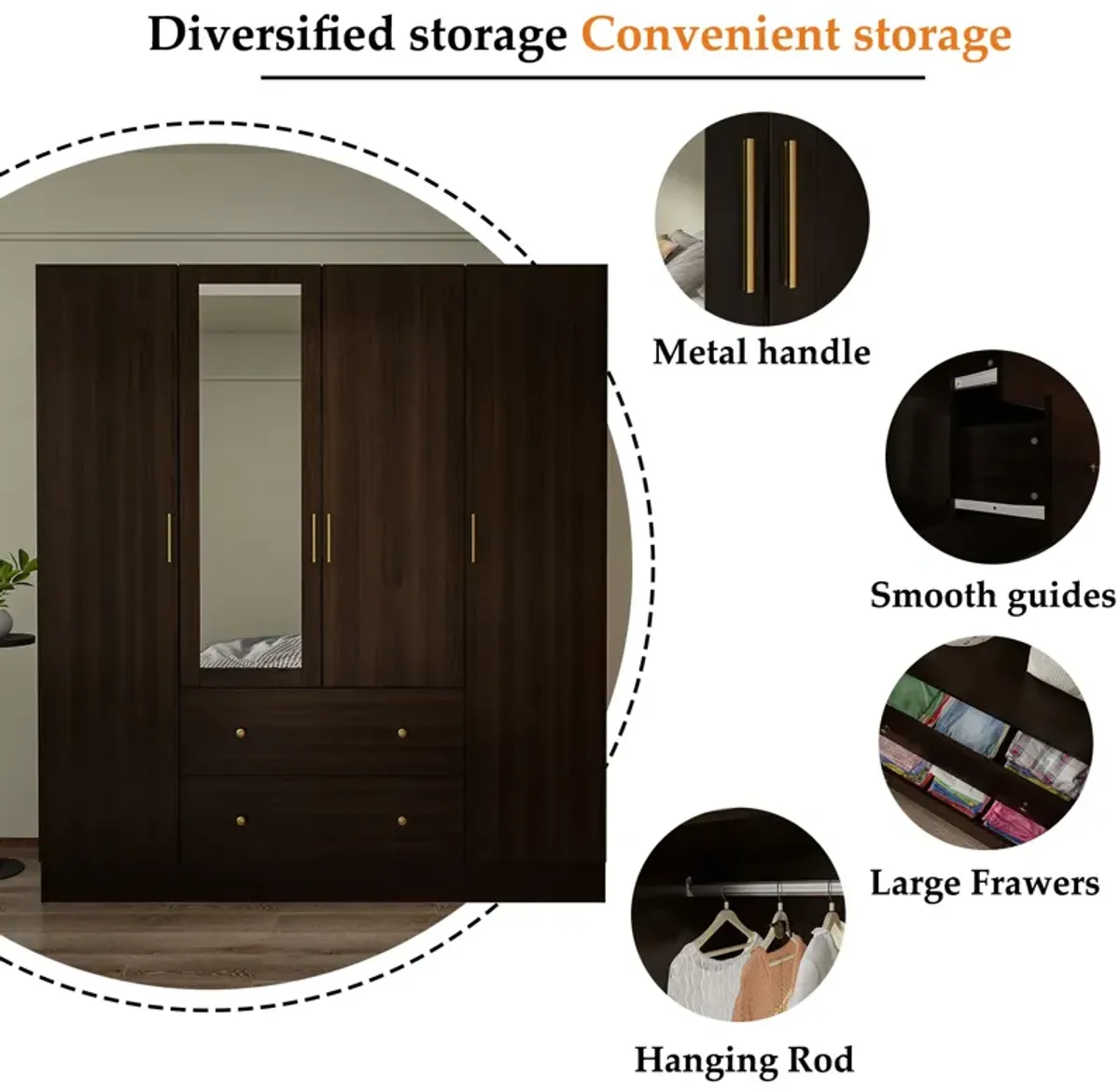 Brown Wood Grain 63 in. W 4-Door Big Armoires With Mirror, 2 Hanging Rods, 2 Drawers, Storage Shelves (70.9 in. H)