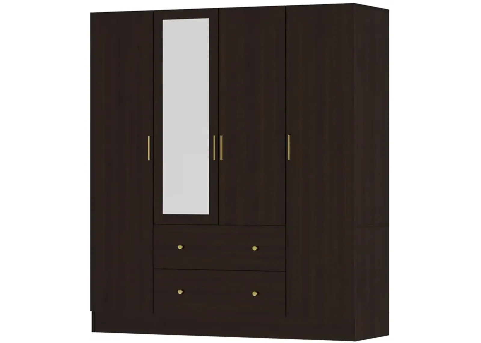 Brown Wood Grain 63 in. W 4-Door Big Armoires With Mirror, 2 Hanging Rods, 2 Drawers, Storage Shelves (70.9 in. H)