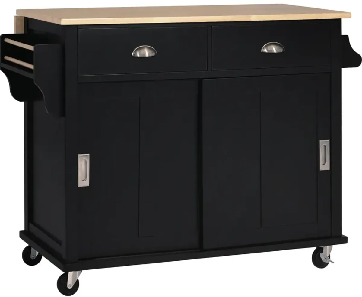 Rolling Kitchen Cart with Drop-Leaf Countertop & Barn Door