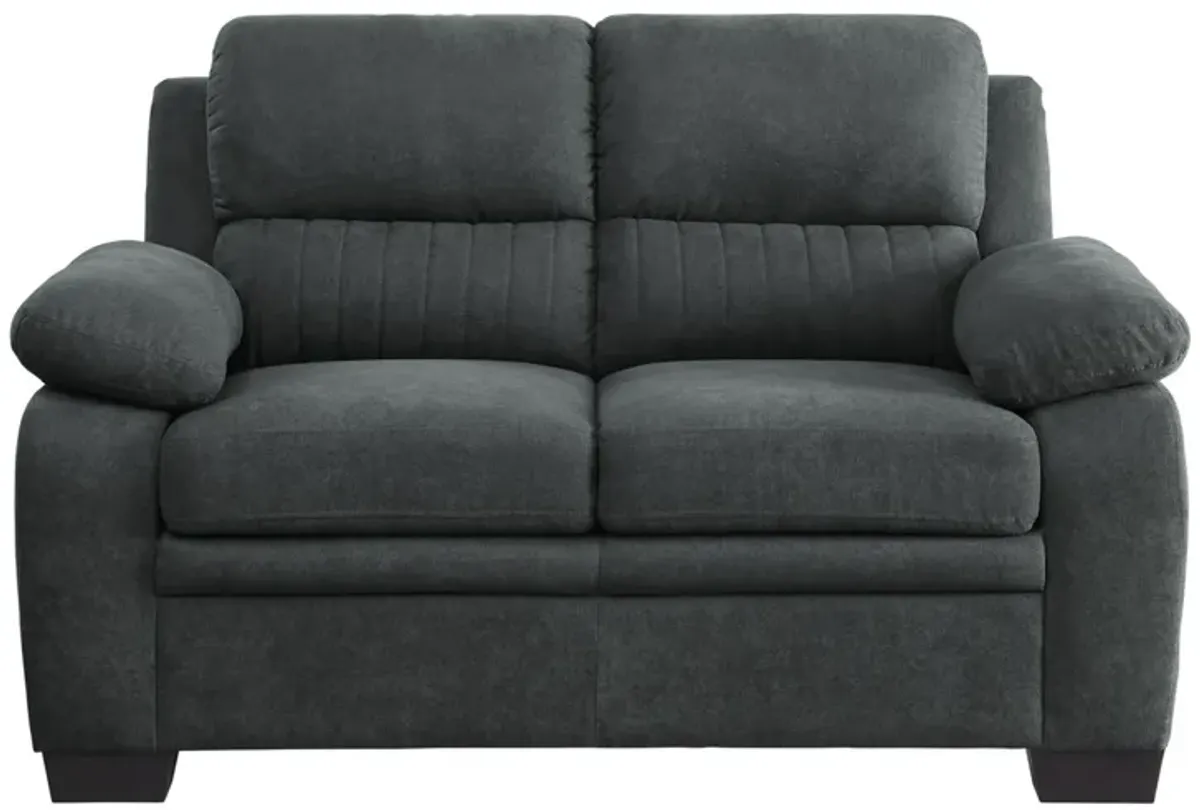 Hugh 58 Inch Loveseat, Dark Gray Polyester, Foam Cushioned, Solid Wood - Benzara