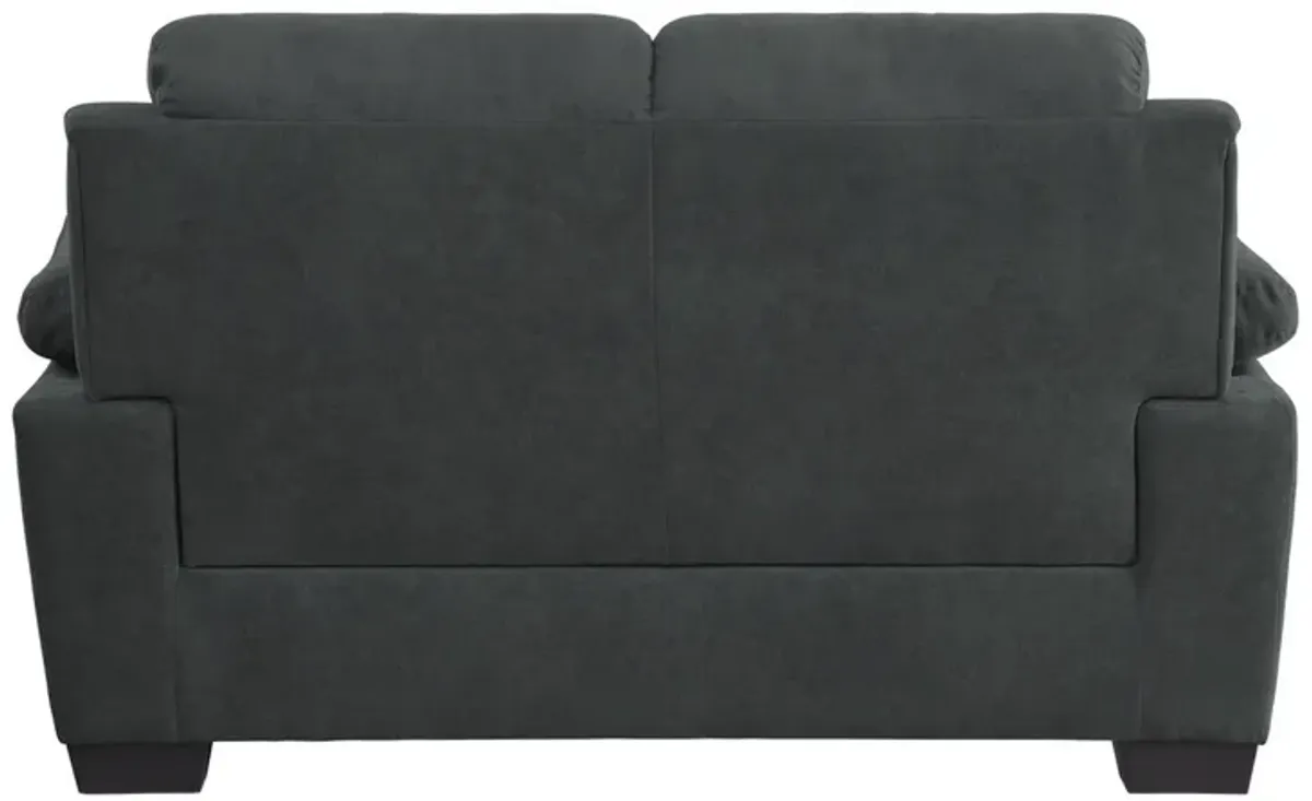 Hugh 58 Inch Loveseat, Dark Gray Polyester, Foam Cushioned, Solid Wood - Benzara