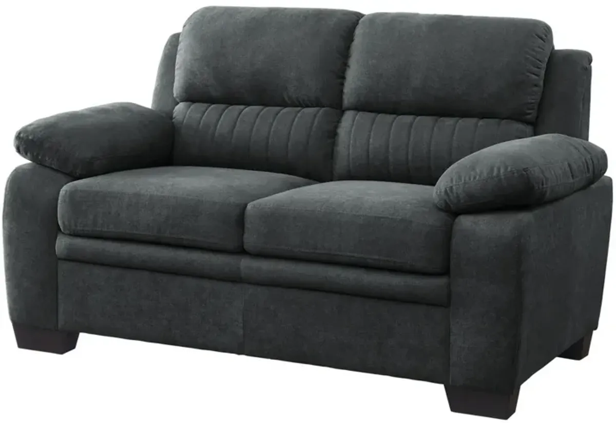 Hugh 58 Inch Loveseat, Dark Gray Polyester, Foam Cushioned, Solid Wood - Benzara