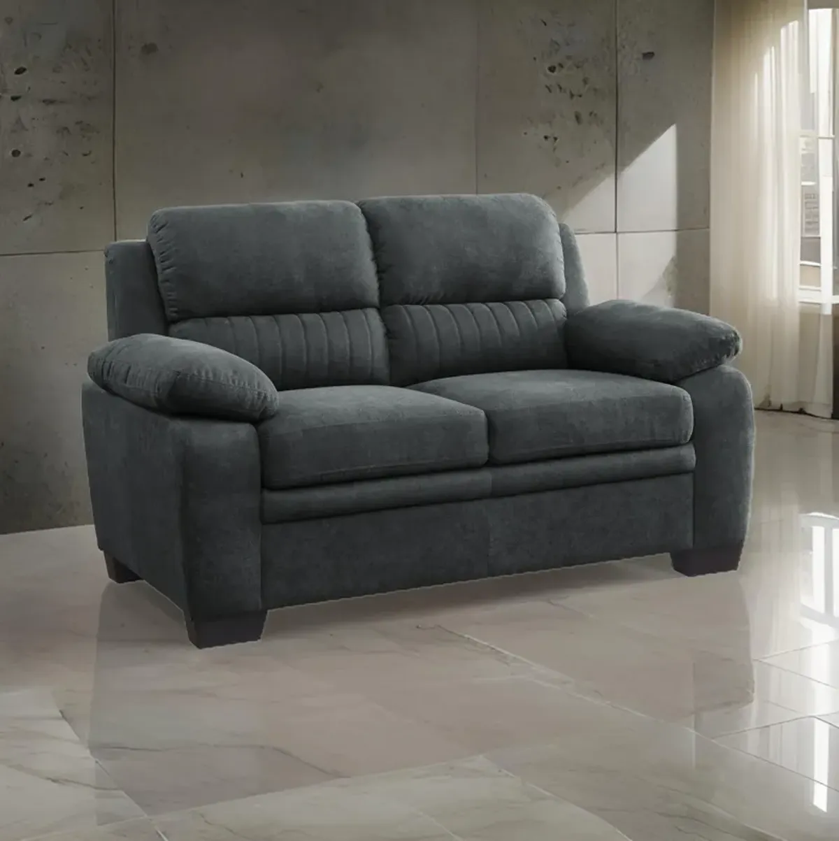 Hugh 58 Inch Loveseat, Dark Gray Polyester, Foam Cushioned, Solid Wood - Benzara