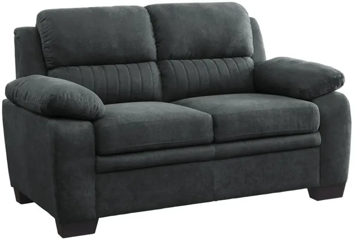 Hugh 58 Inch Loveseat, Dark Gray Polyester, Foam Cushioned, Solid Wood - Benzara