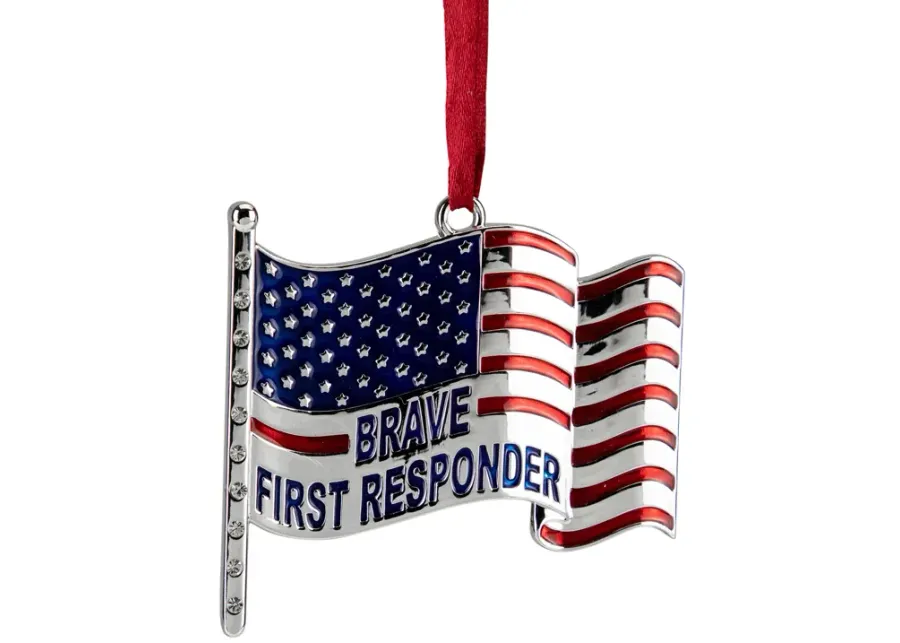 6.25" Silver Plated US First Responders Christmas Ornament with European Crystals