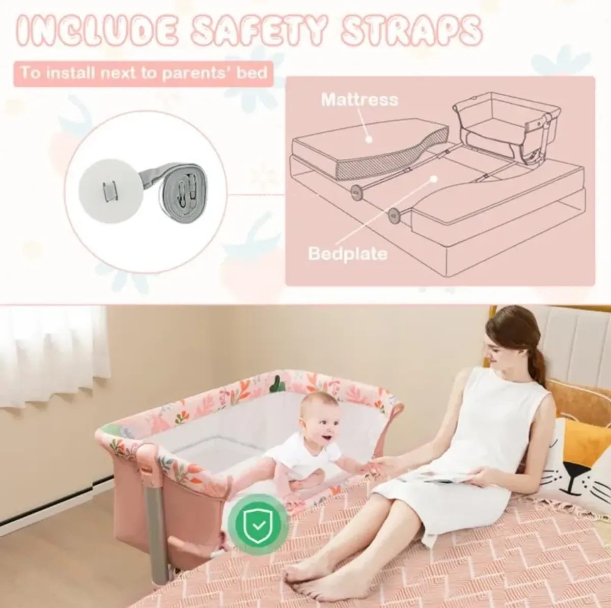 Hivvago Folding Baby Bassinet Bedside Sleeper with 4 Adjustable Heights-Pink