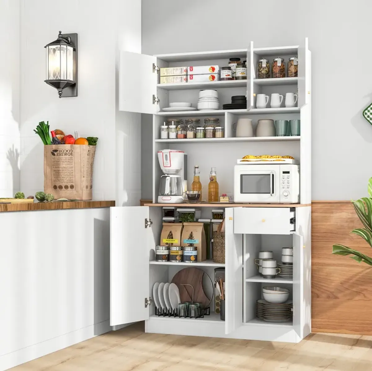 71 Inch Tall Pantry Cabinet with Outlets for Dining Room-White