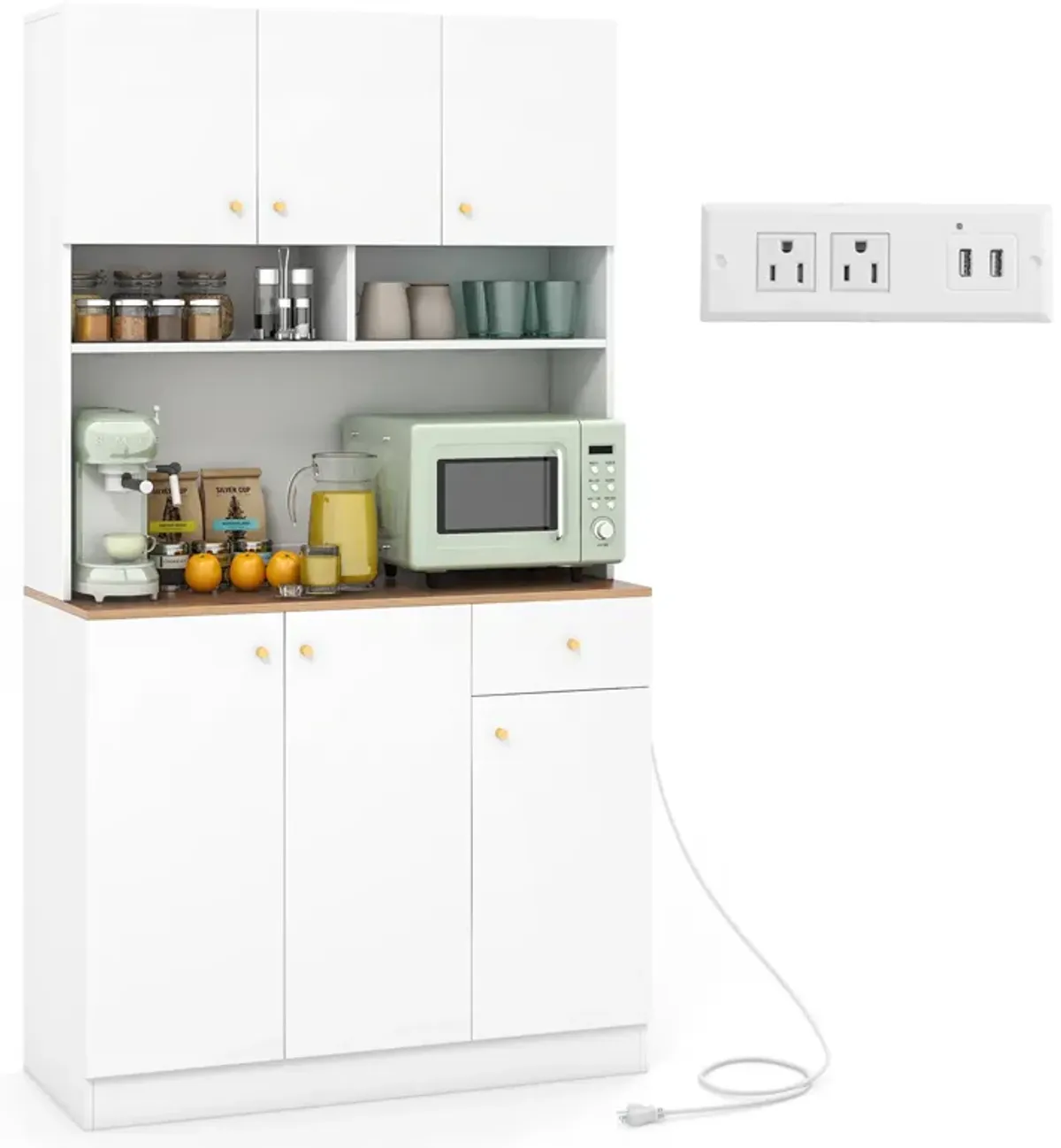 71 Inch Tall Pantry Cabinet with Outlets for Dining Room-White