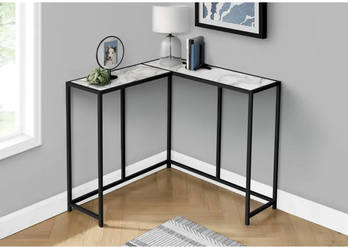 Monarch Specialties I 2159 Accent Table, Console, Entryway, Narrow, Corner, Living Room, Bedroom, Metal, Laminate, White Marble Look, Black, Contemporary, Modern