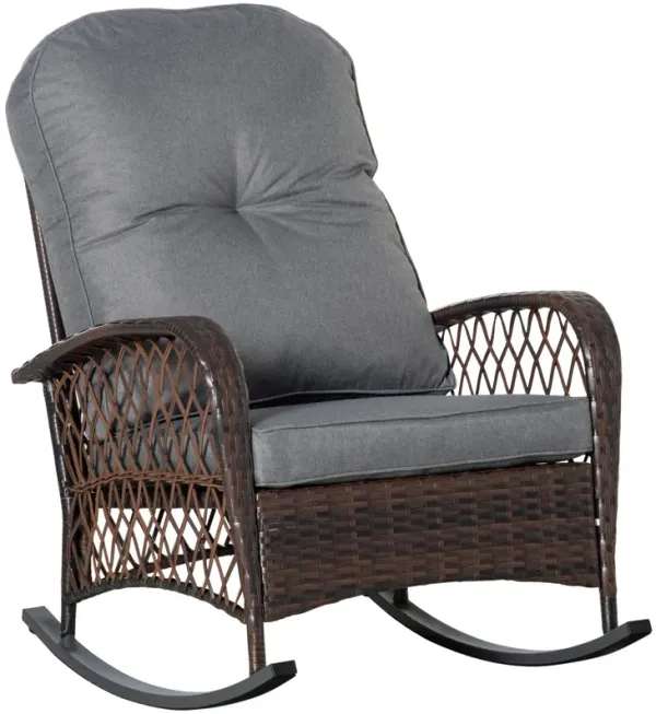 Outsunny Outdoor Wicker Rocking Chair with Wide Seat, Thick, Soft Cushion, Rattan Rocker w/Steel Frame, High Weight Capacity for Patio, Garden, Backyard, Grey