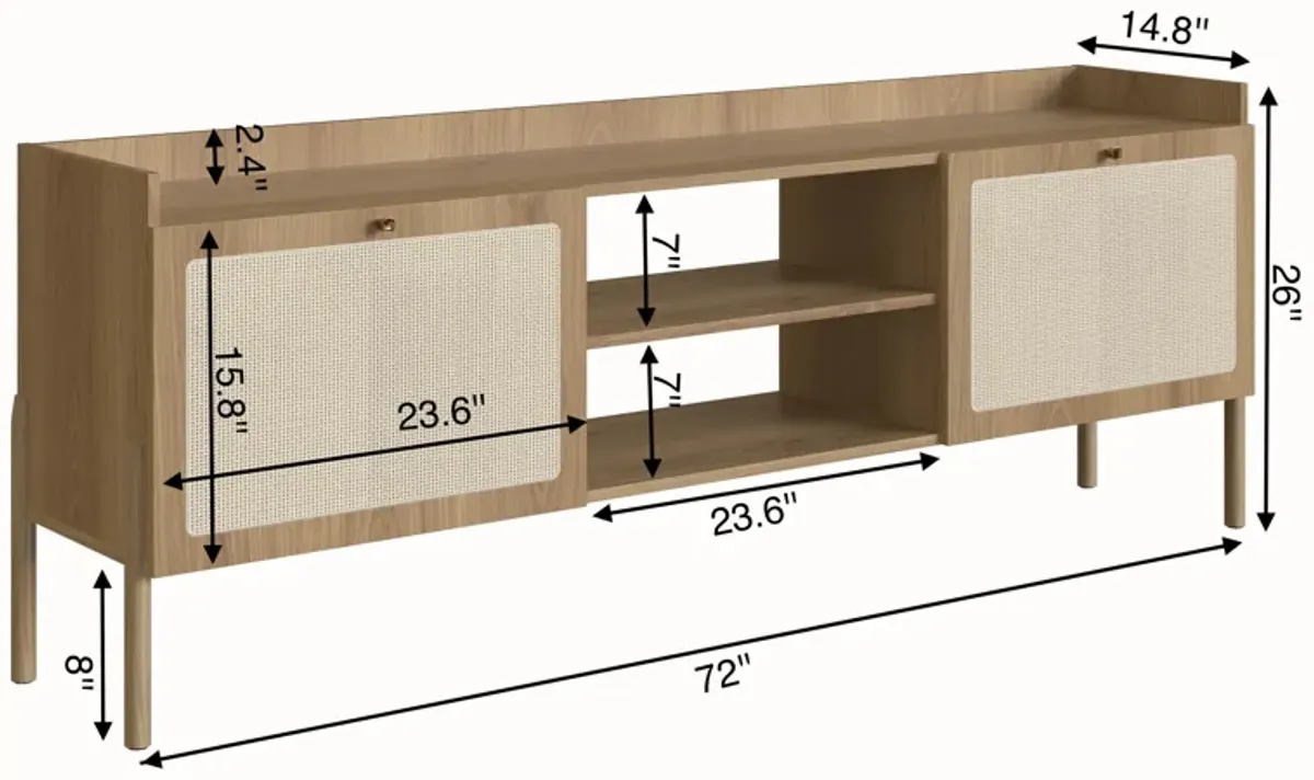 Boho 72" Tv Stand for up to 80" Tv's Wood Legs and Rattan 2 Door-Nero Black