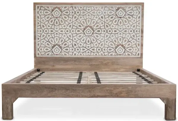 World Interiors Haveli Mango Wood Geometric Carved King Bed