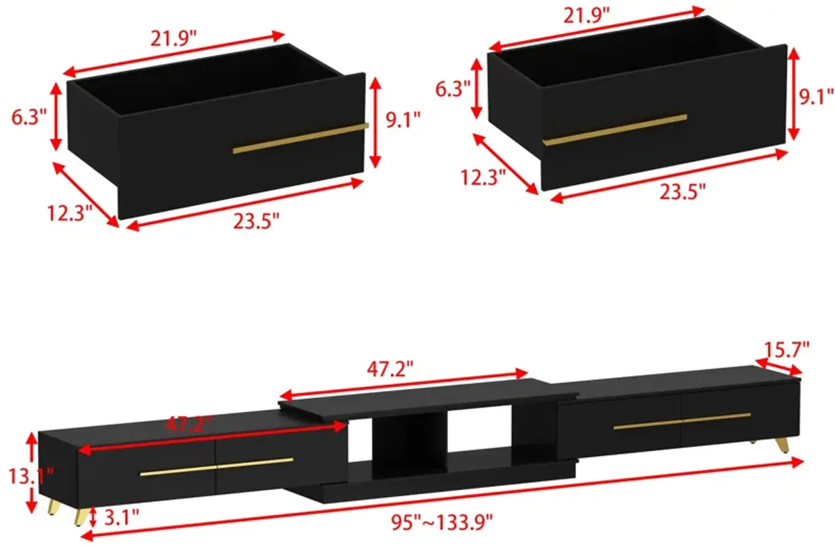 Modern Wood Black TV Media Console Entertainment Center with Adjustable Length and-Drawers Fits TV's up to 100 in.