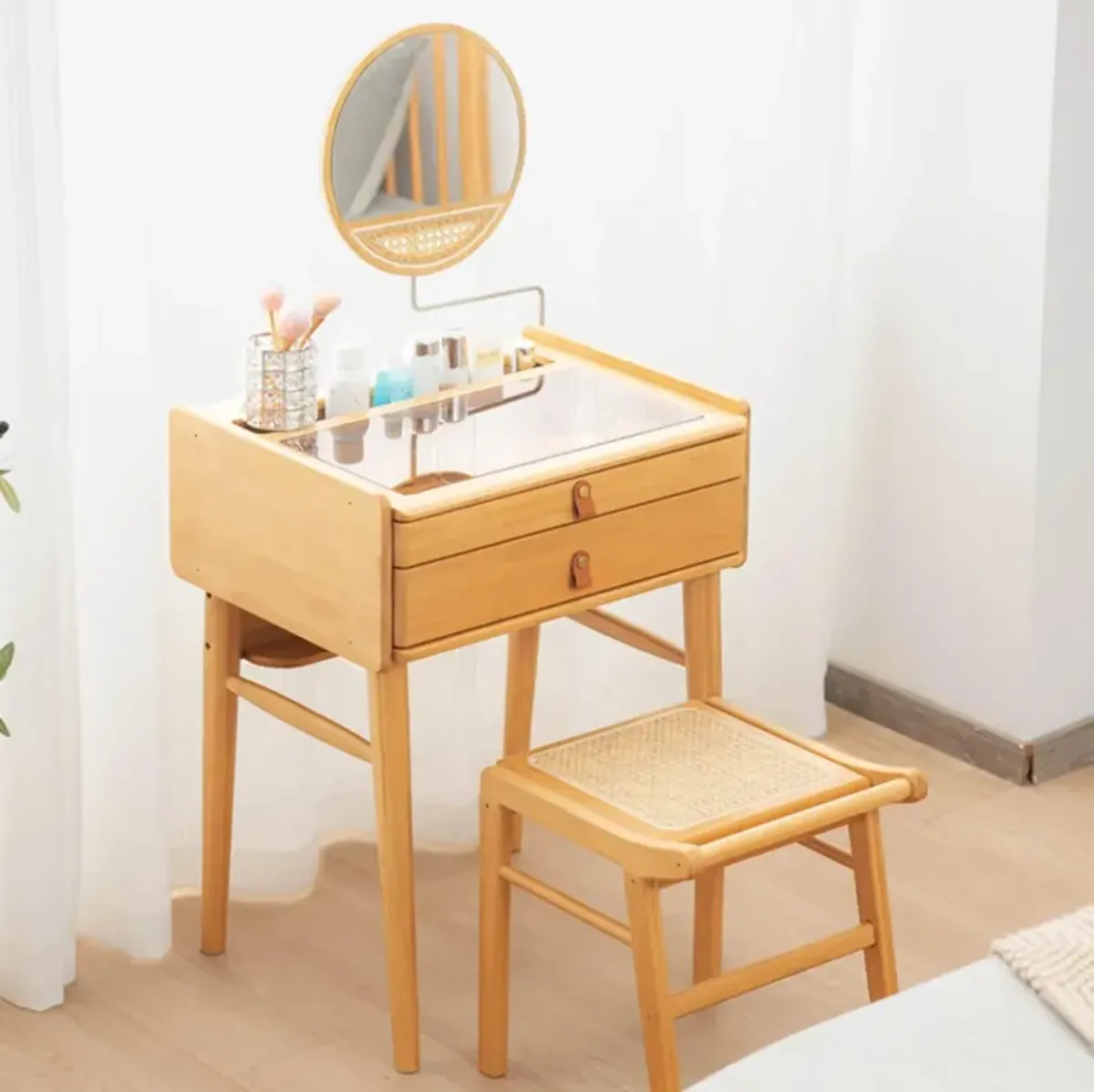 Hivvago Bamboo Makeup Vanity Table with Stool and Rotating Mirror