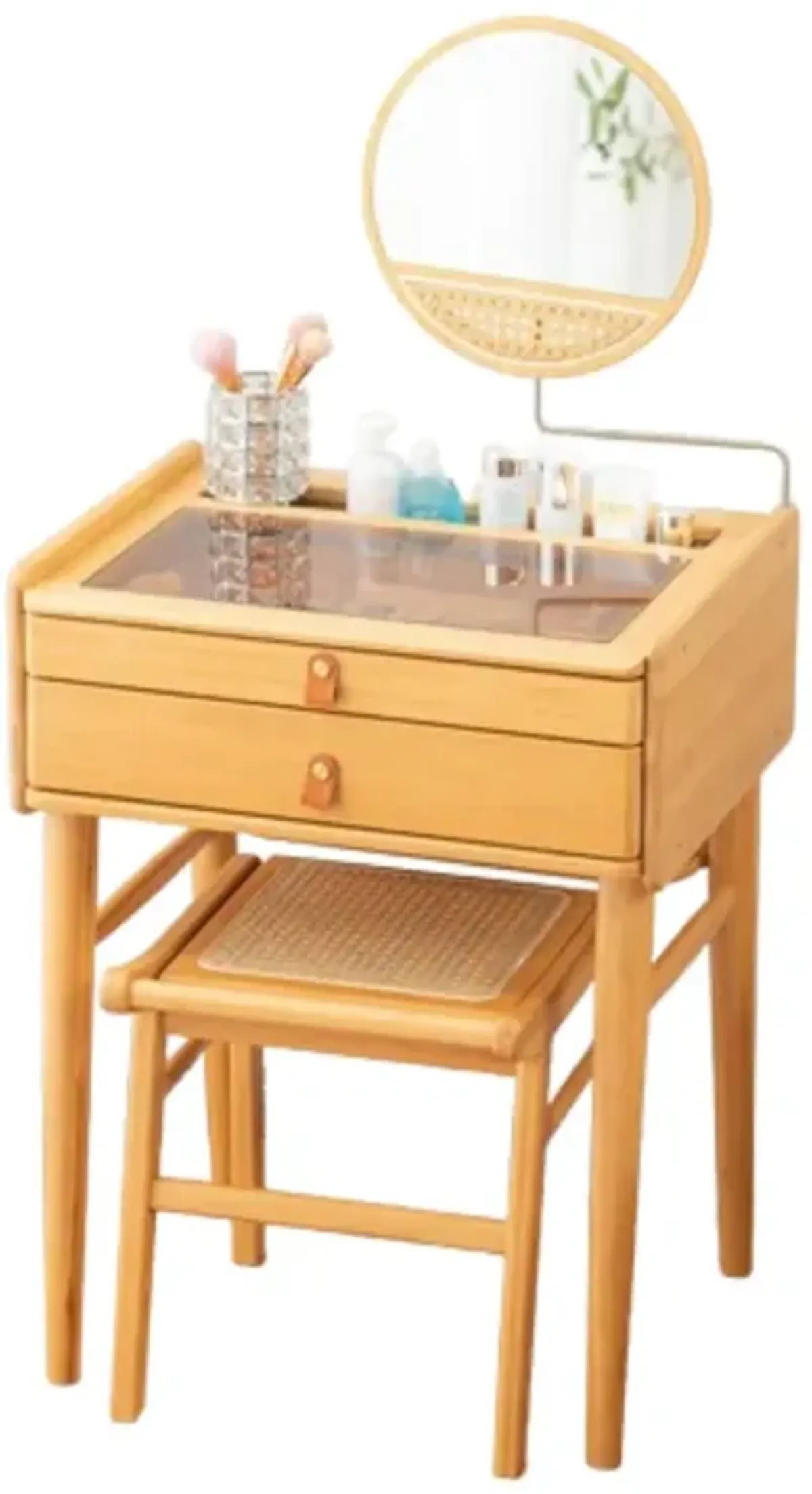 Hivvago Bamboo Makeup Vanity Table with Stool and Rotating Mirror