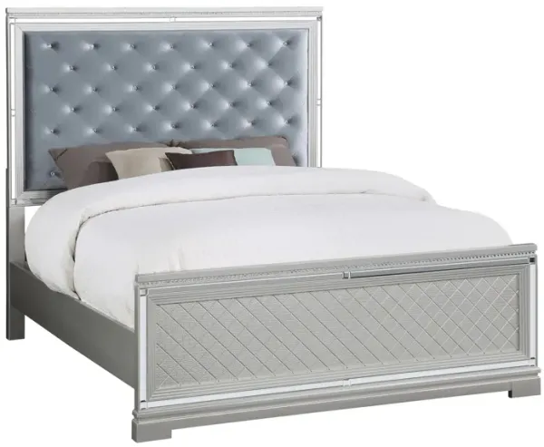 Axl California King Size Bed, Tufted Headboard, Silver Velvet Upholstery - Benzara
