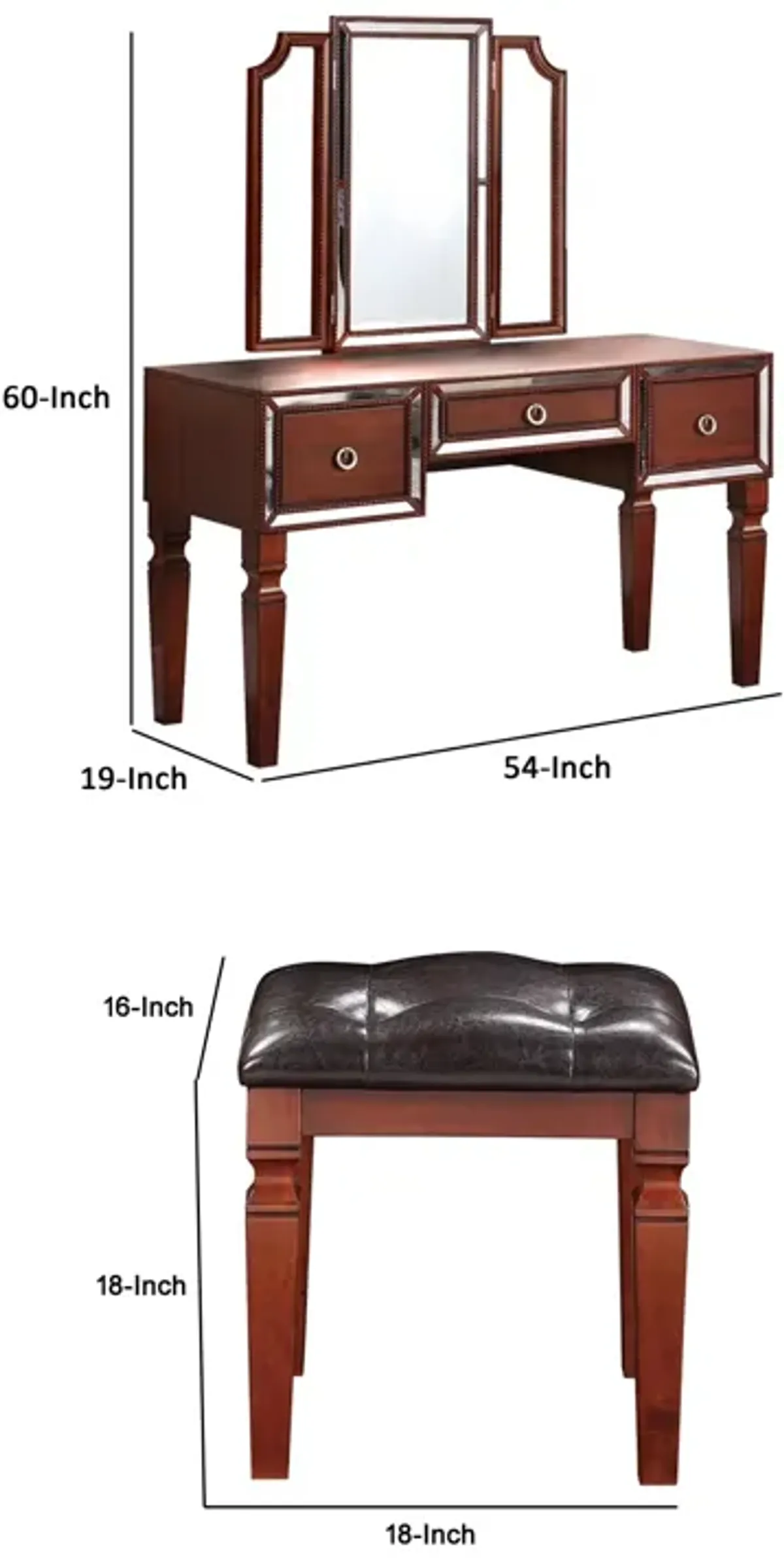 Thuy 60 Inch Vanity Desk Set, Upholstered Stool, Trifold Mirror, Brown-Benzara