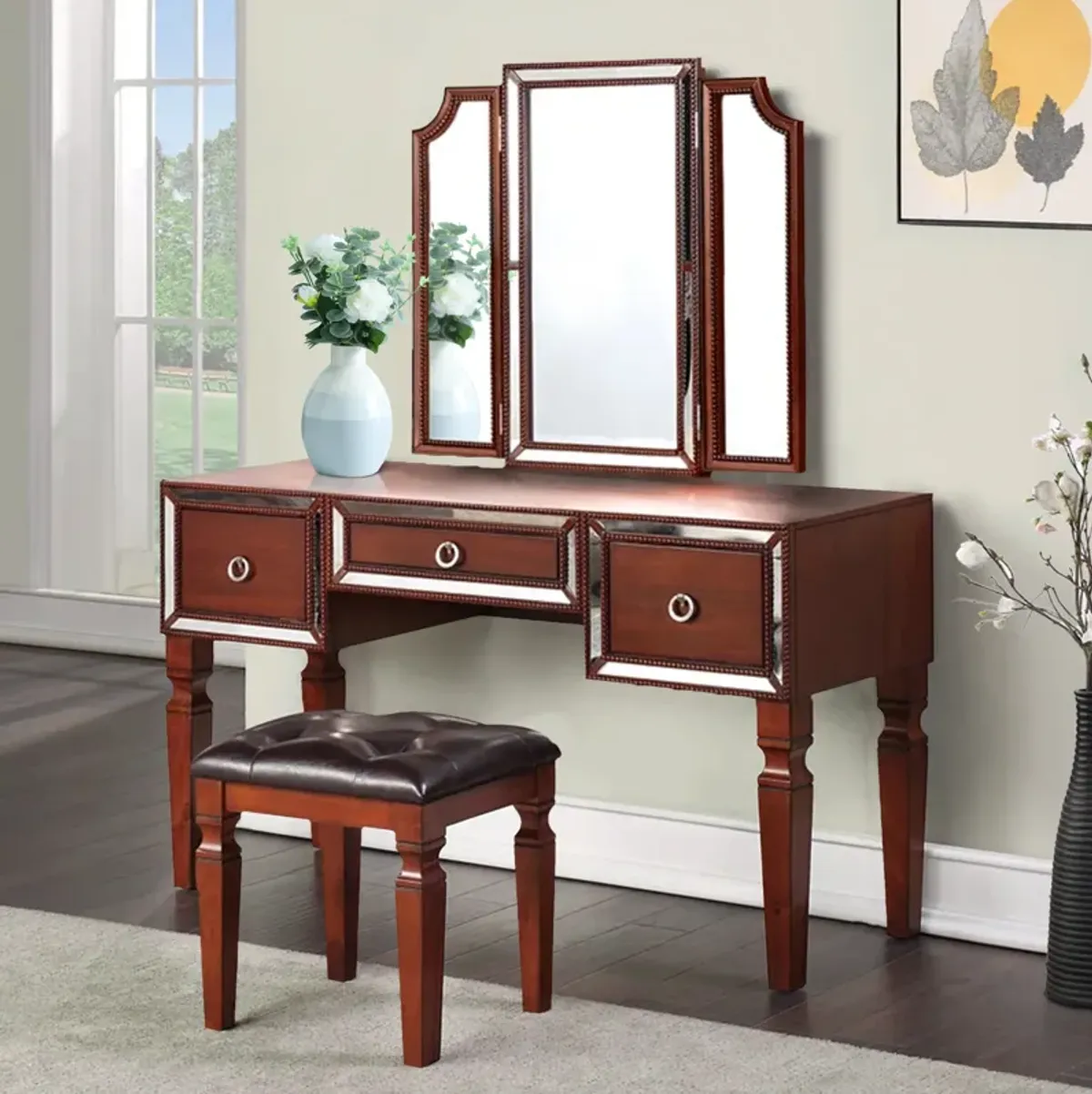 Thuy 60 Inch Vanity Desk Set, Upholstered Stool, Trifold Mirror, Brown-Benzara