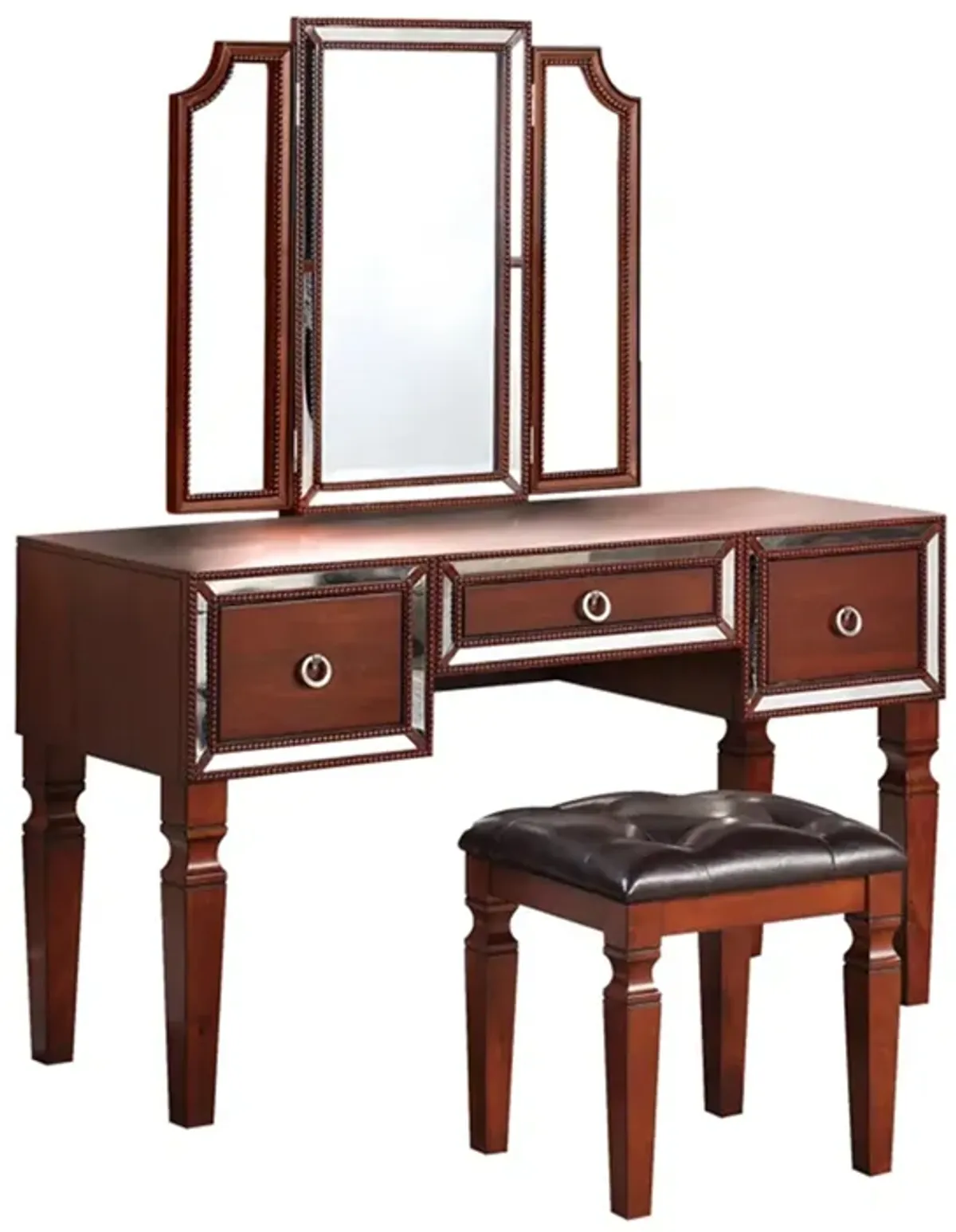 Thuy 60 Inch Vanity Desk Set, Upholstered Stool, Trifold Mirror, Brown-Benzara