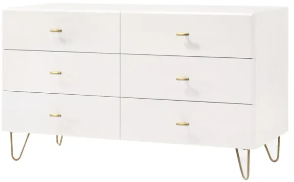 6 Drawer Wooden Dresser with Metal Hairpin Legs, White and Gold - Benzara