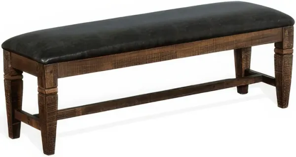 Flint Bench, Dark Gray Faux Leather, Dark Brown Mahogany, 56 Inch - Benzara