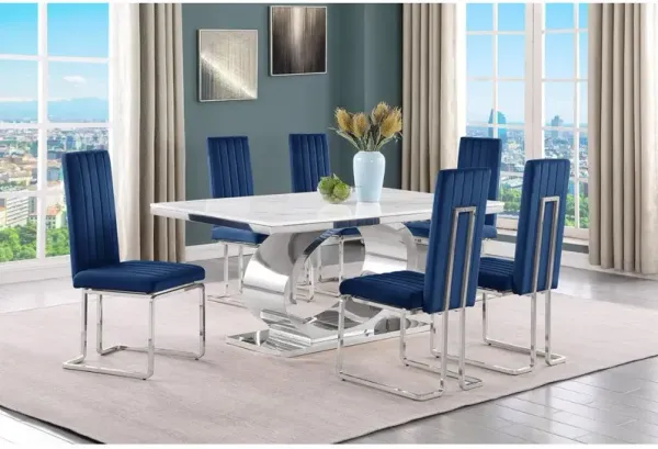 7pc Small(68") marble top dining set with silver base and 6 Navy blue chairs