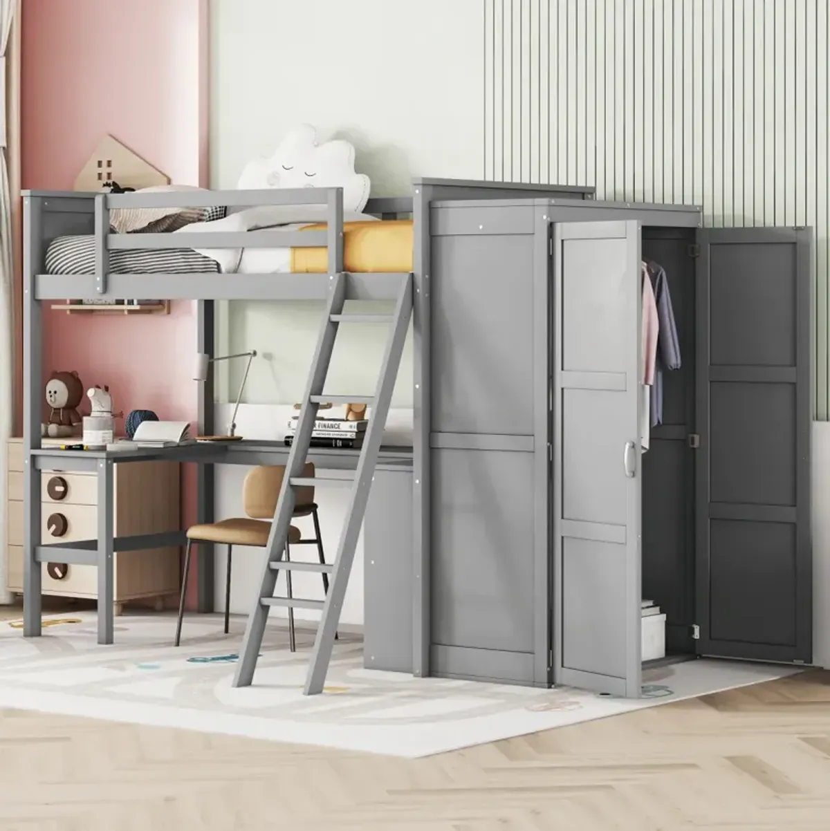 Twin Size Loft Bed With Desk, Shelves And Wardrobe