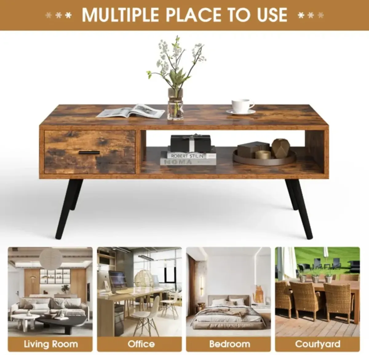 Hivvago Retro Rectangular Coffee Table with Drawer and Storage Shelf-Rustic Brown