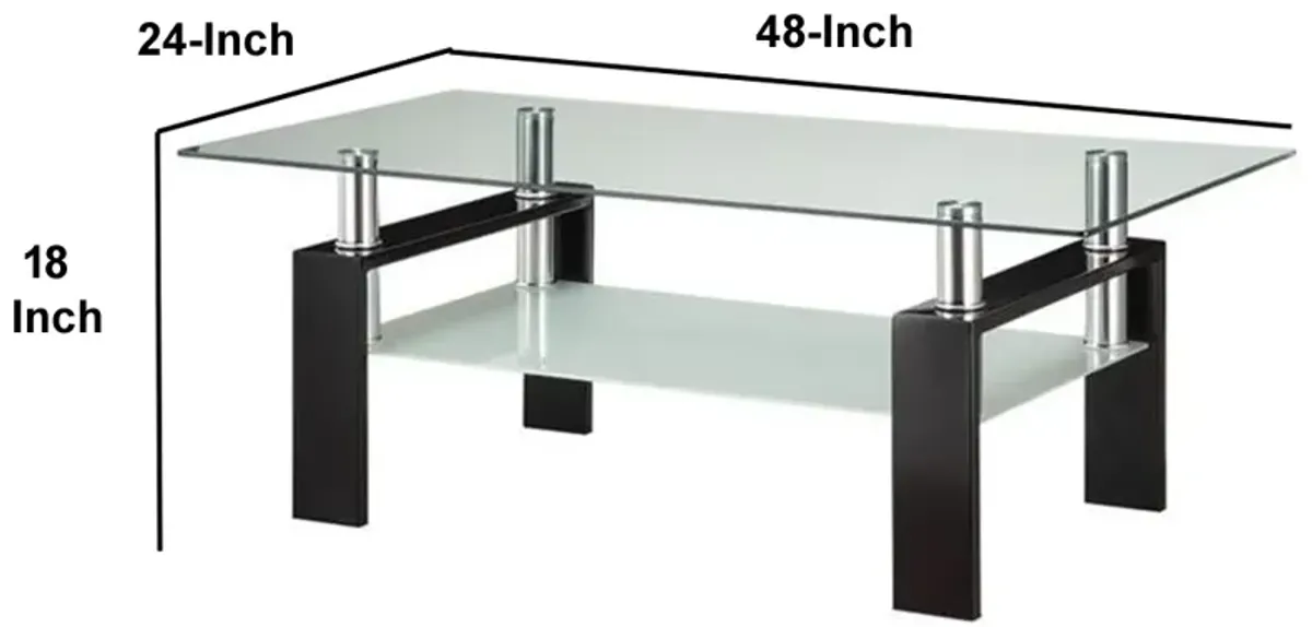 Glass Top Coffee Table with Metal Base and 1 Bottom Shelf, Clear and Black-Benzara