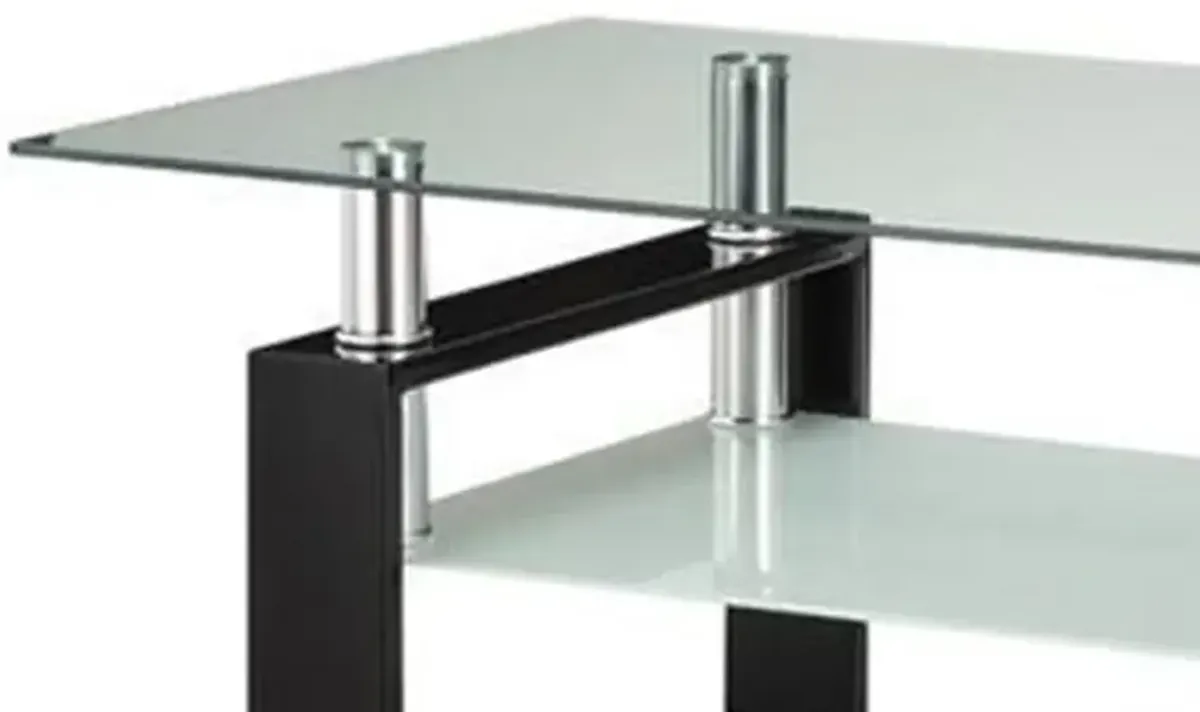 Glass Top Coffee Table with Metal Base and 1 Bottom Shelf, Clear and Black-Benzara