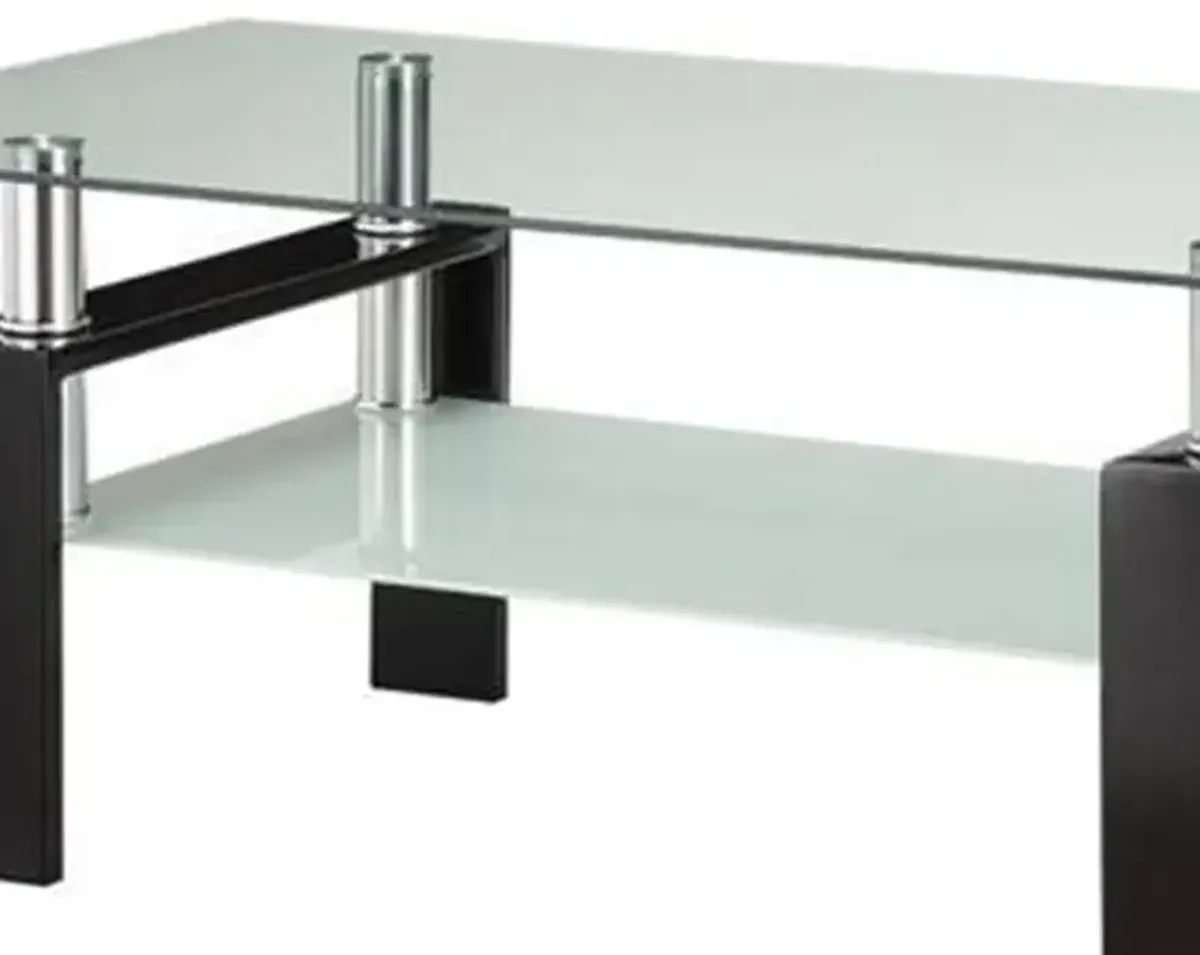 Glass Top Coffee Table with Metal Base and 1 Bottom Shelf, Clear and Black-Benzara