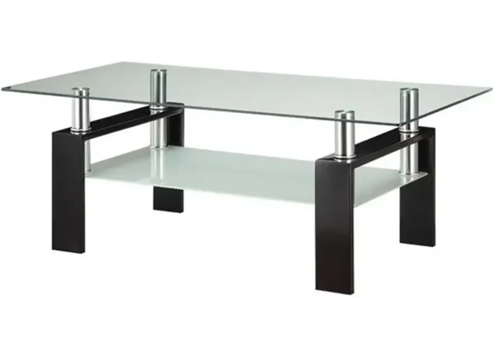 Glass Top Coffee Table with Metal Base and 1 Bottom Shelf, Clear and Black-Benzara