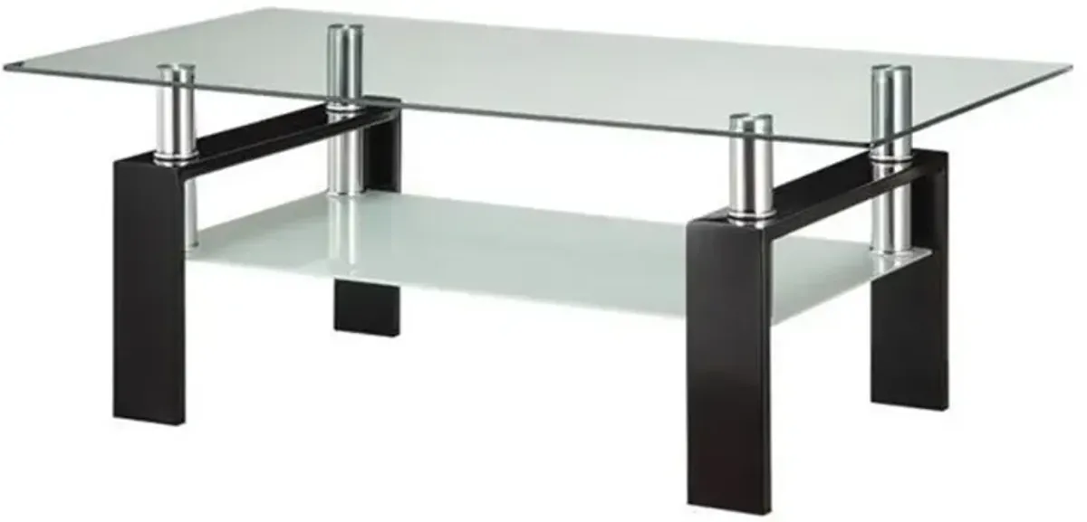 Glass Top Coffee Table with Metal Base and 1 Bottom Shelf, Clear and Black-Benzara