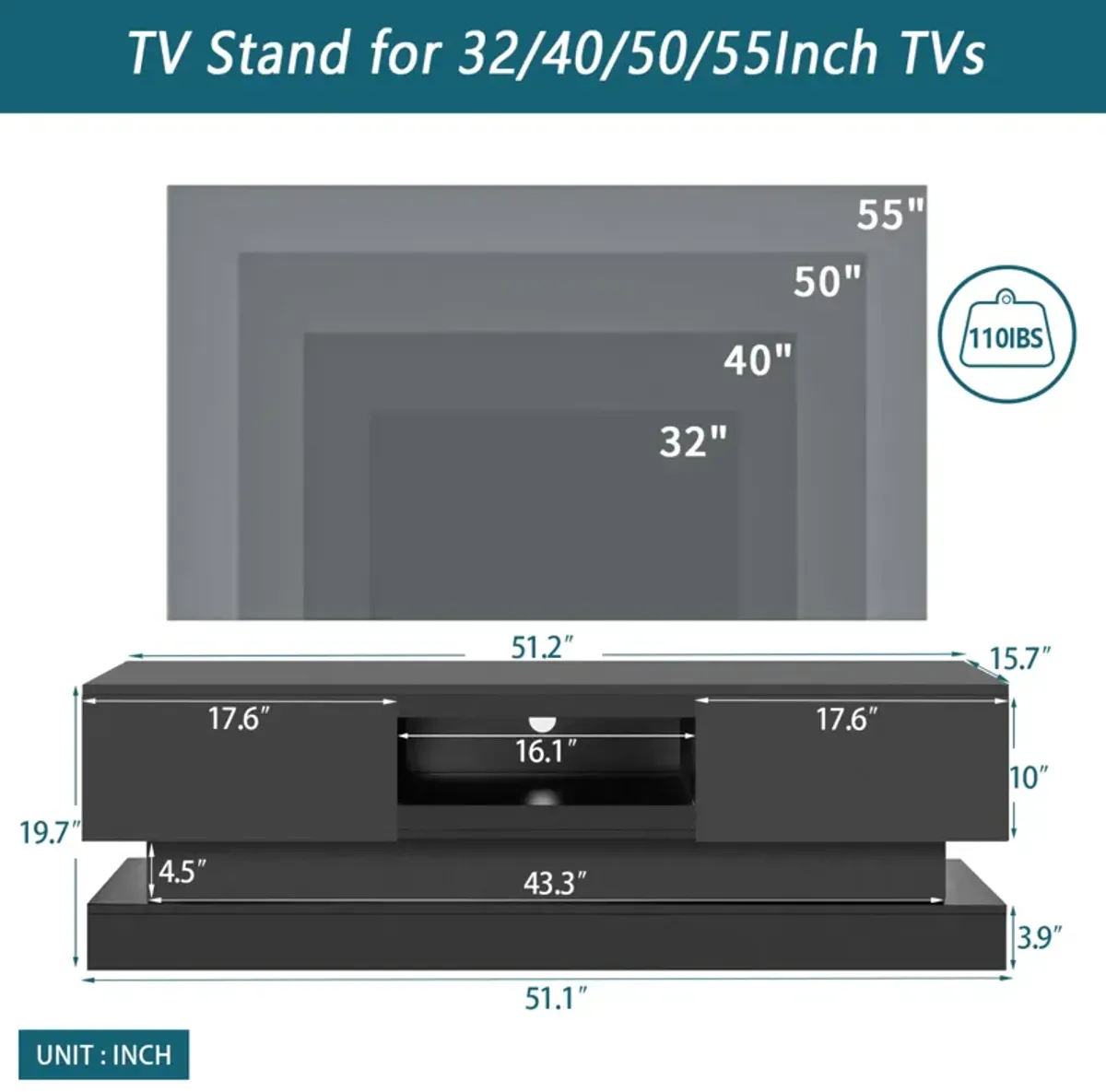 51.18inch Modern TV Stand with LED Lights, High Glossy Front TV Cabinet