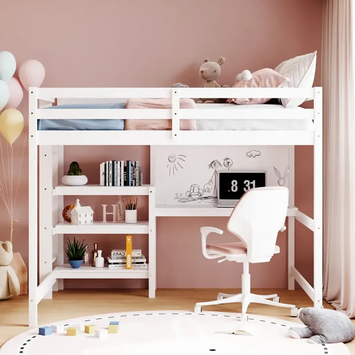 Full Size Wooden Loft Bed With Shelves, Desk And Writing Board