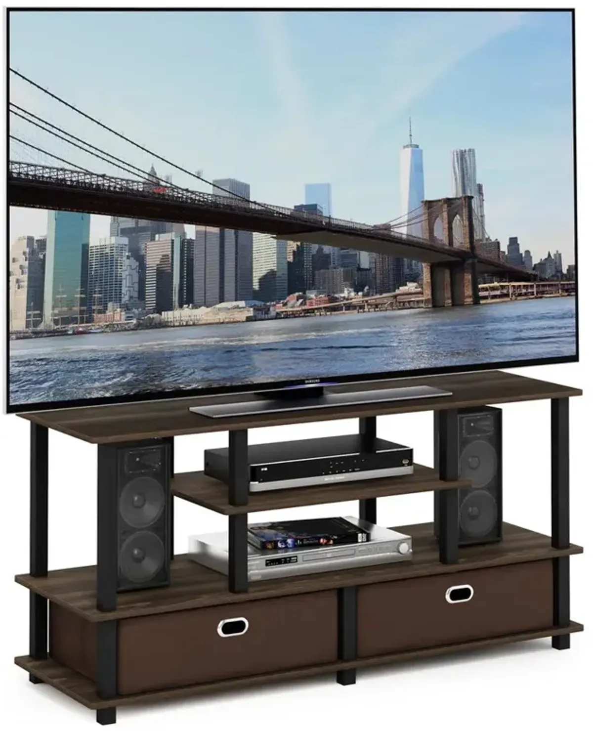 Furinno JAYA Large TV Stand for up to 50-Inch TV with Storage Bin, Columbia Walnut/Black/Dark Brown