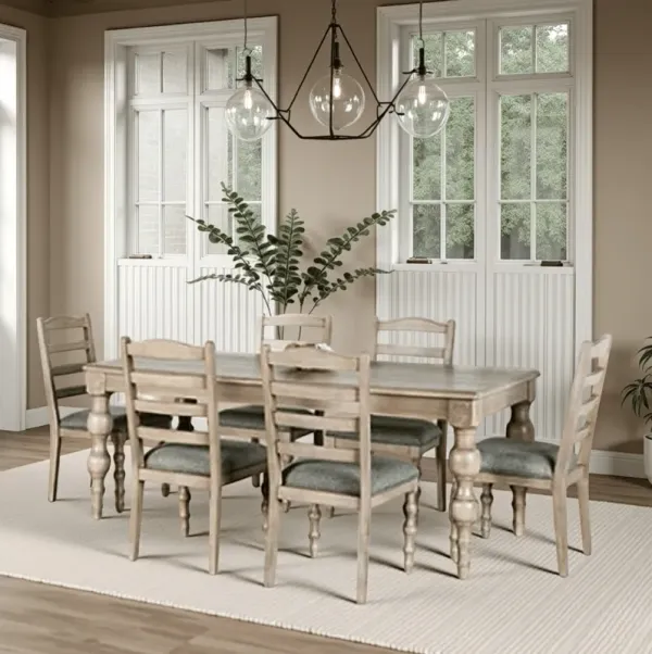 Cherie 7pc Dining Table Set, Turned Legs, 6 Fabric Chairs, Light Brown - Benzara