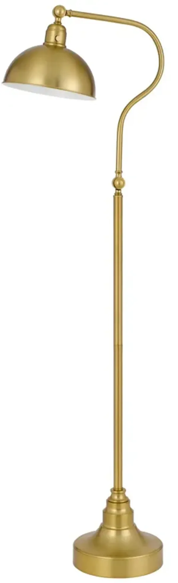 60 Inch Metal Curved Floor Lamp, Adjustable Dome Shade, Brass-Benzara