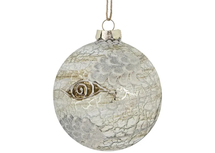 4" Birch Wood and Glitter Pine Cones Glass Ball Christmas Ornament